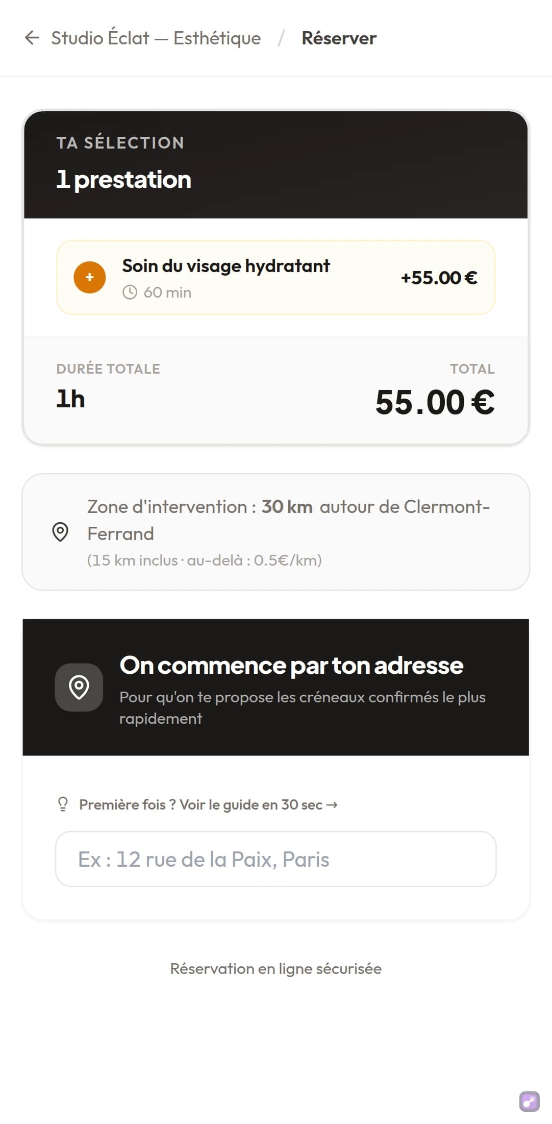 Page de réservation côté client(e) : la prestation choisie, puis « On commence par ton adresse »