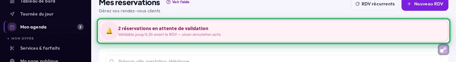 Bandeau « 2 réservations en attente de validation » dans l'agenda SLOXO