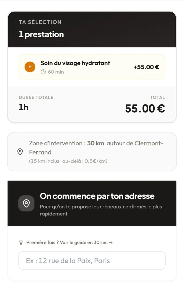 Page de réservation SLOXO vue par la clientèle : la prestation choisie, la zone d’intervention et le champ « On commence par ton adresse »