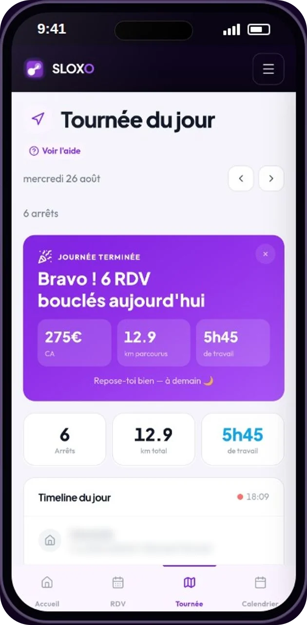La tournée du jour dans SLOXO : 6 RDV bouclés, les km parcourus et le temps de travail