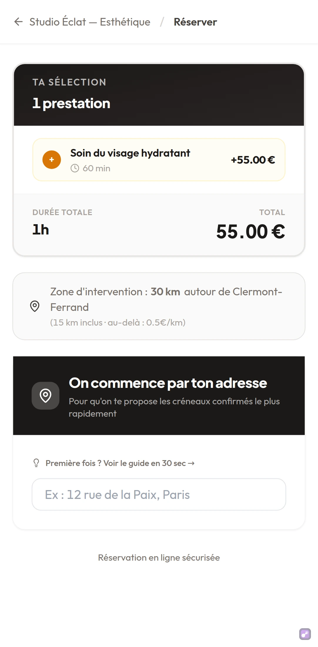 Étape 1 sur téléphone : SLOXO demande l'adresse AVANT tout le reste, pour ne proposer que des créneaux réellement tenables