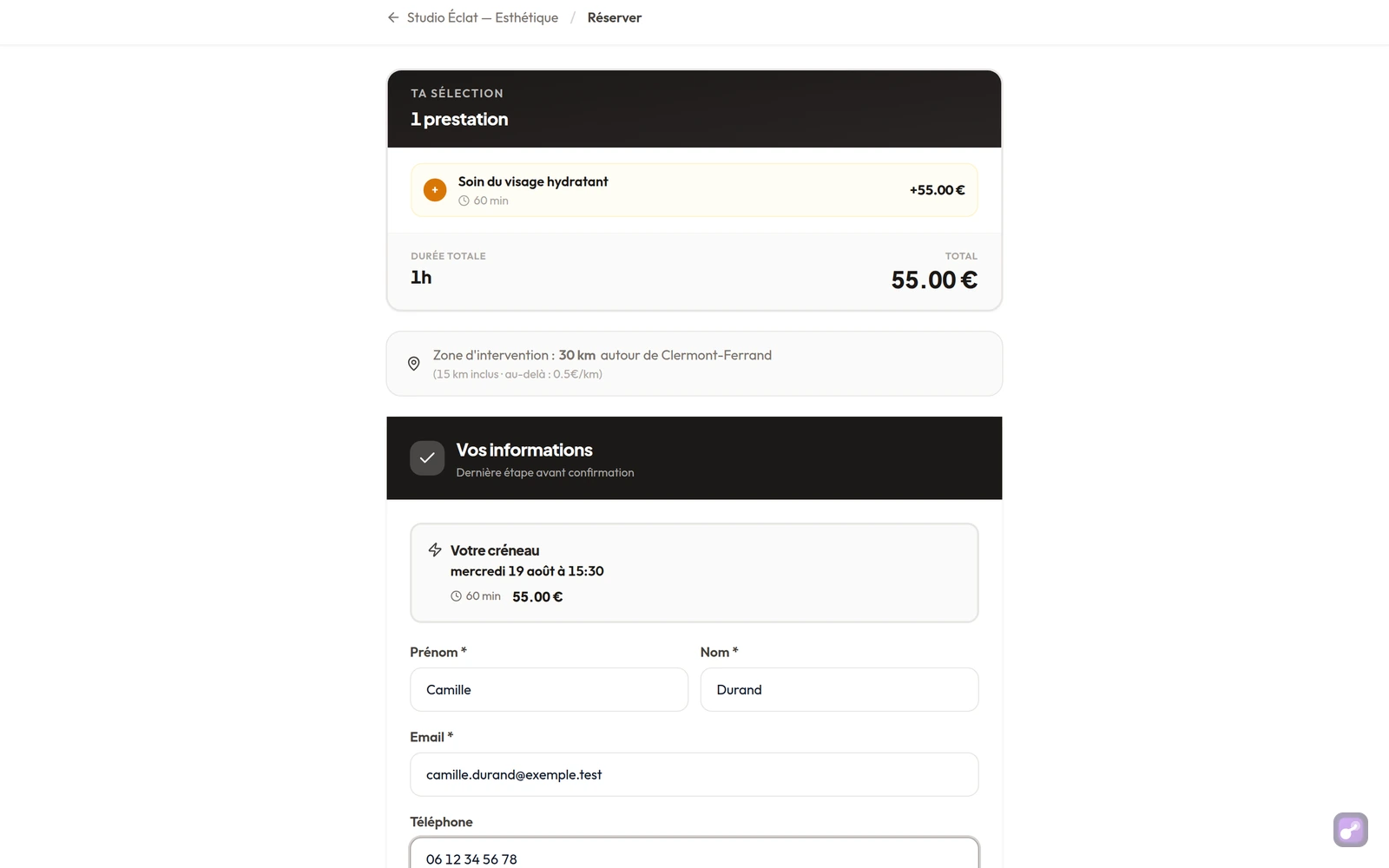 Étape 3 : les coordonnées, avec le créneau et le tarif rappelés juste au-dessus avant de valider