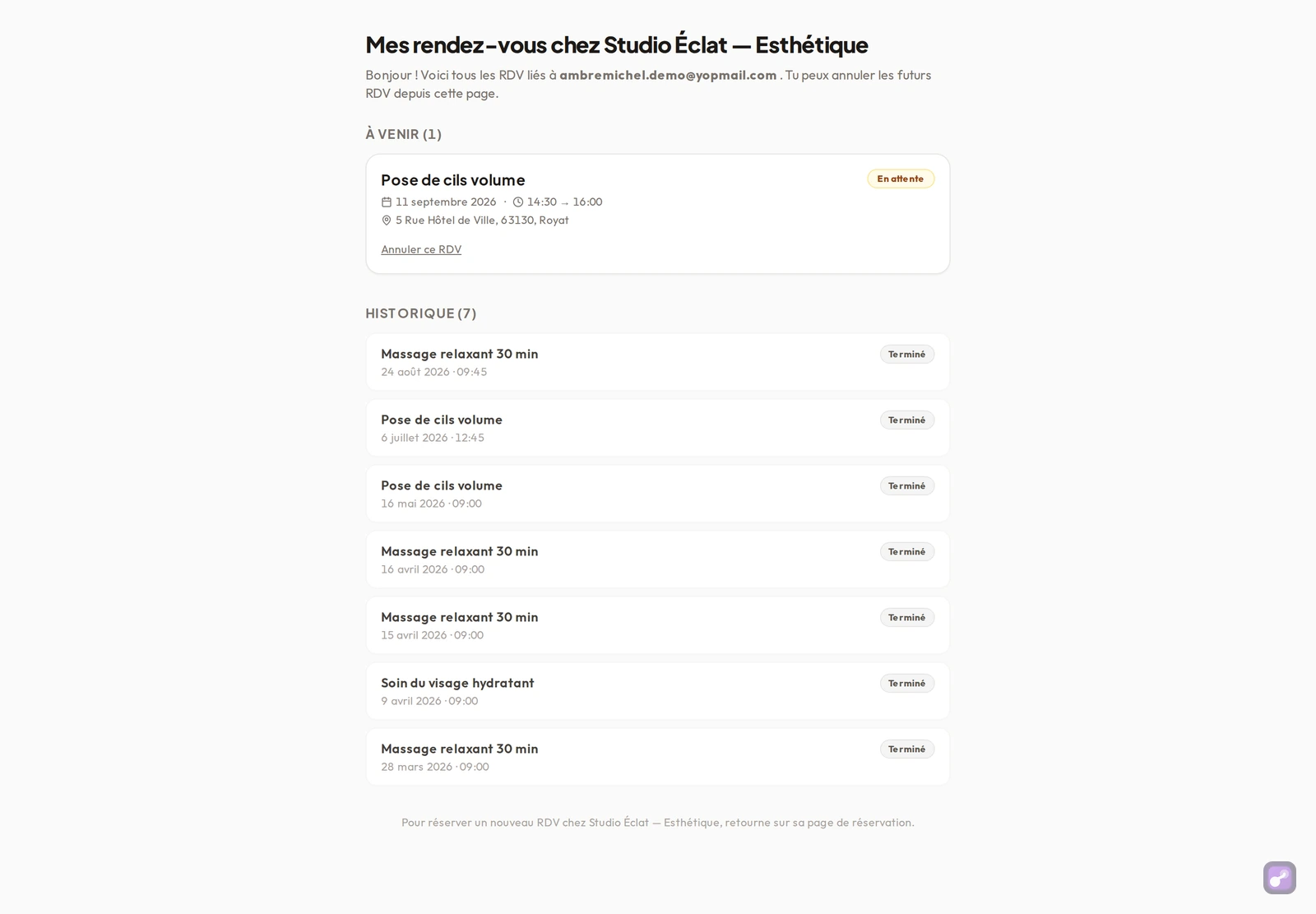 La page « Mes rendez-vous » atteinte depuis le lien du mail : le RDV à venir avec son bouton Annuler ce RDV, puis l'historique