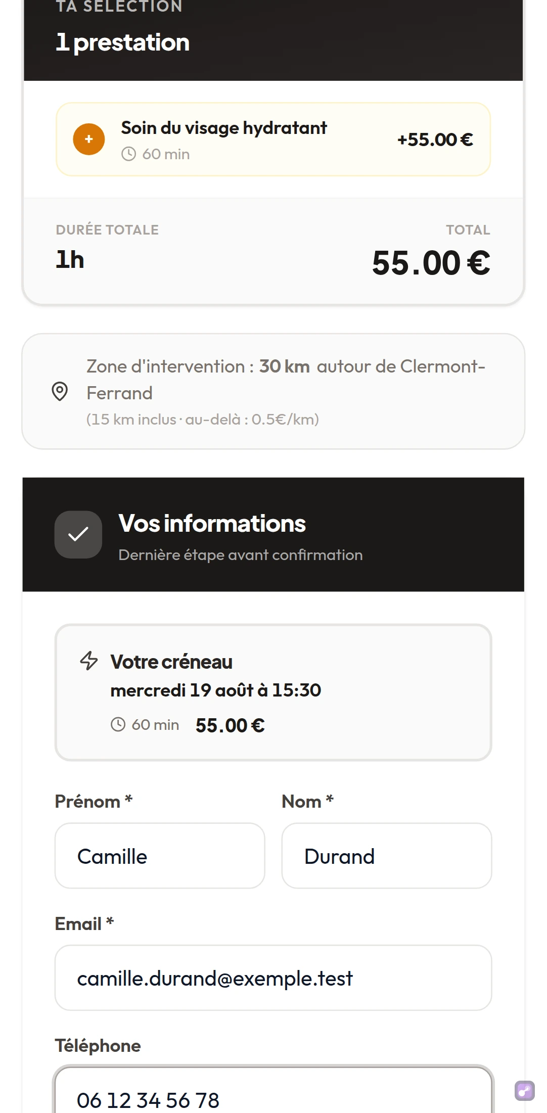 Le total à régler apparaît en clair sur le dernier écran, avant validation de la réservation