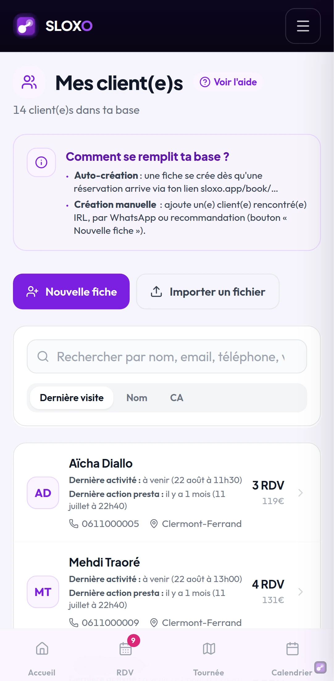 La fiche d'un(e) client(e) sur téléphone : son historique et le bouton pour la relancer