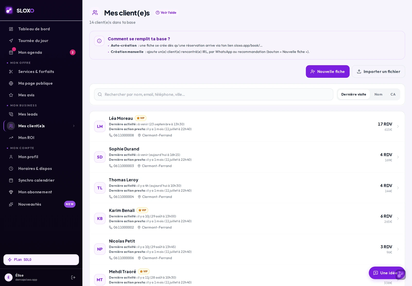 Les segments VIP et inactives se filtrent directement depuis la liste des client(e)s