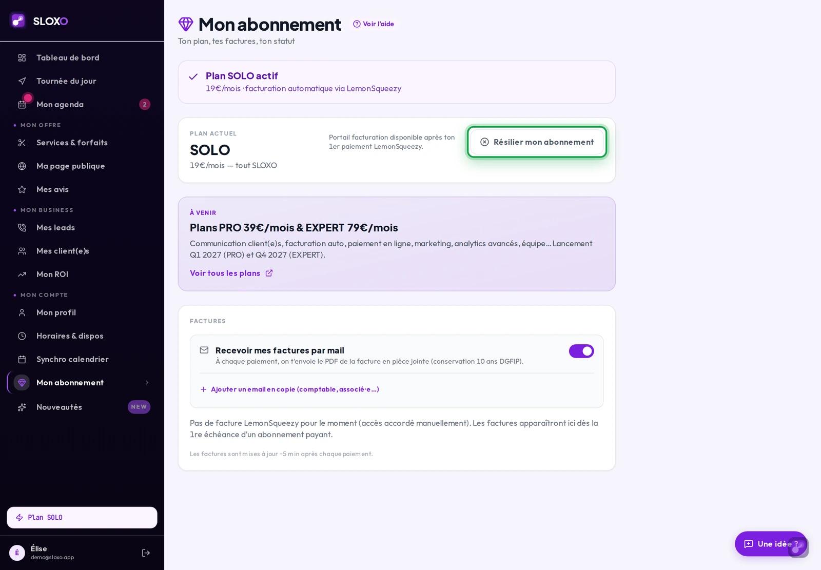 La page Mon abonnement : le plan SOLO actif, et le bouton Résilier mon abonnement sur la droite de la carte