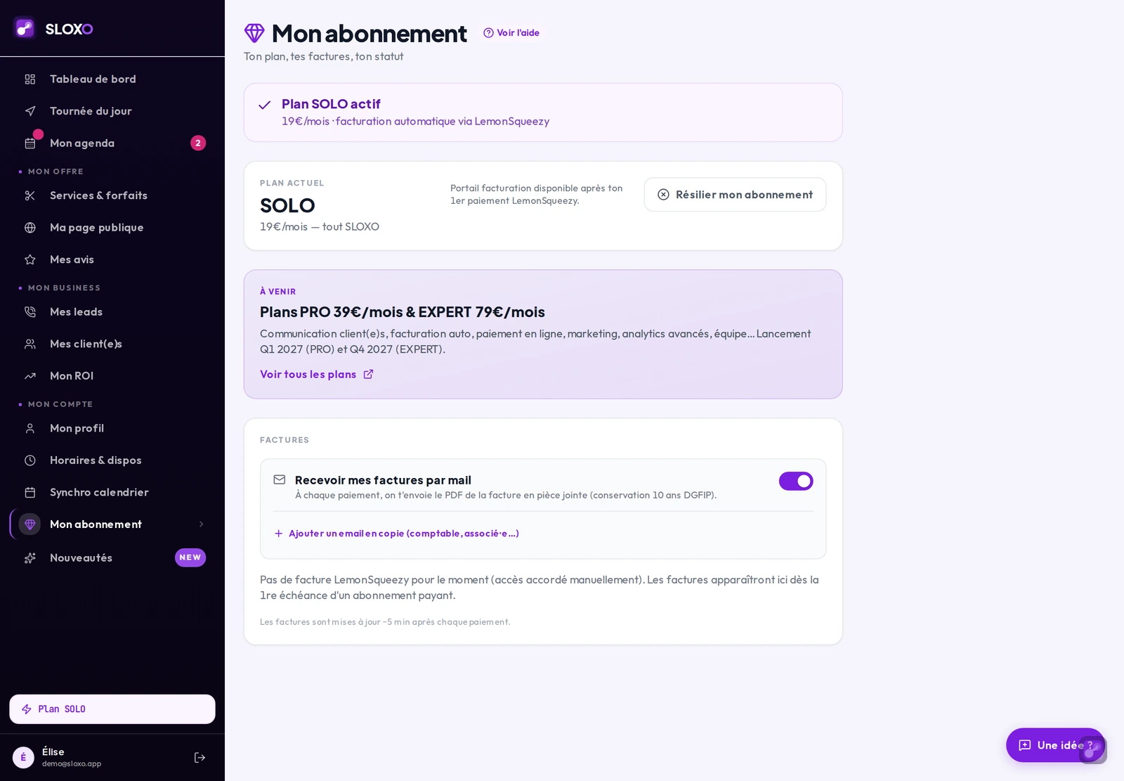 La page « Mon abonnement » : le plan en cours et ce qu'il inclut