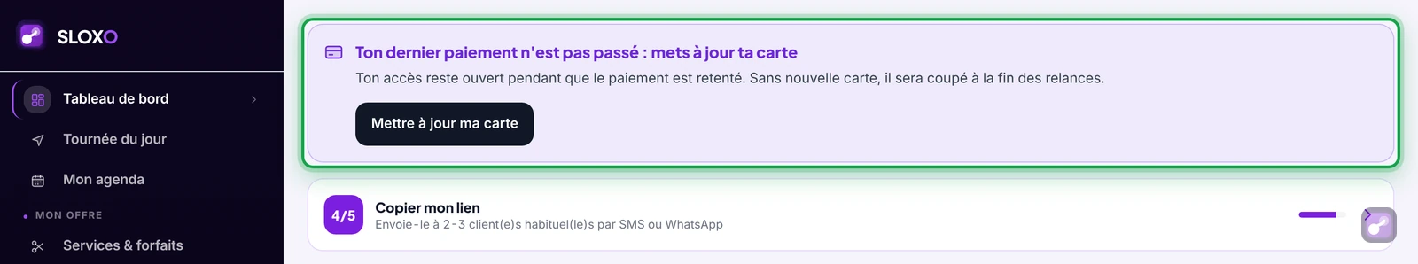 Le bandeau « Ton dernier paiement n'est pas passé », avec le bouton Mettre à jour ma carte