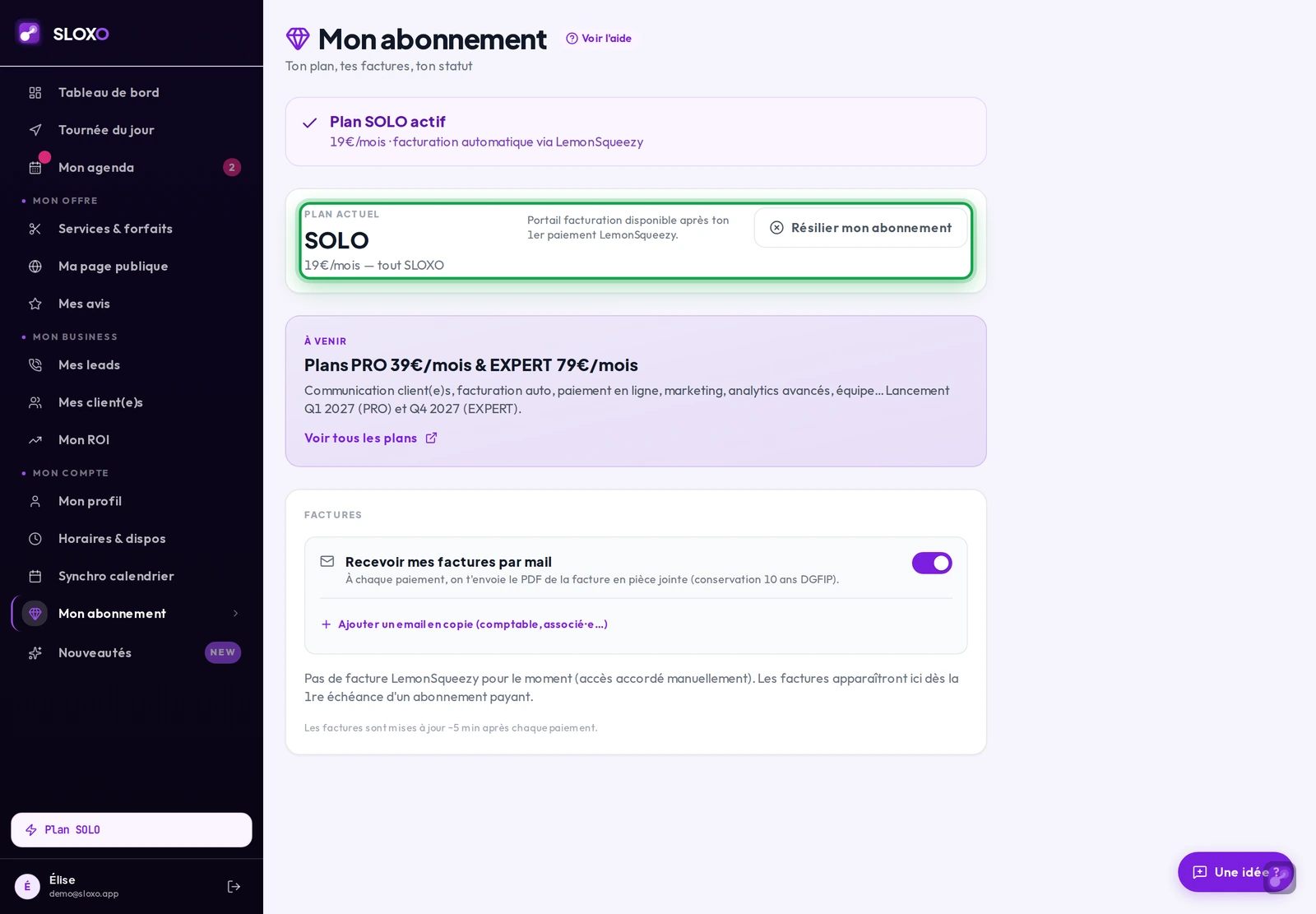 La page Mon abonnement : l'état du plan, le prix, et la carte Plan actuel où se lit ton statut