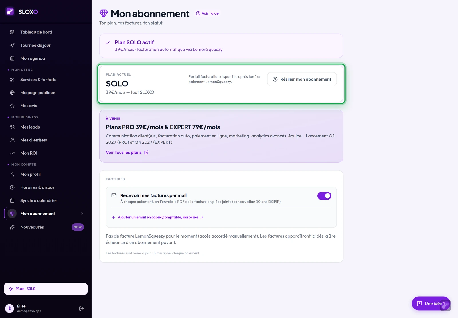 Mon abonnement : la carte « Plan actuel », avant le premier paiement (portail de facturation pas encore disponible)