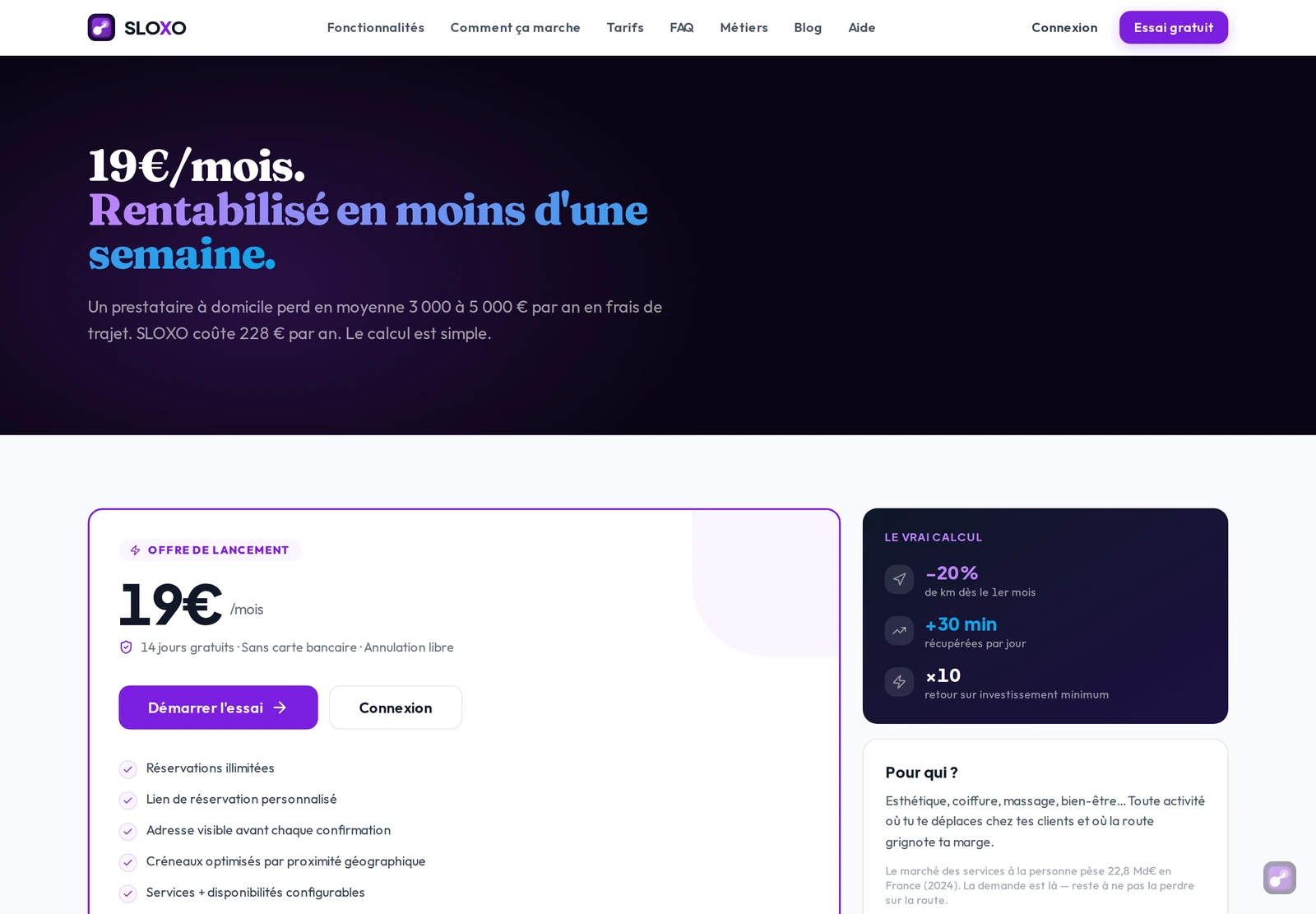 La page Tarifs publique : le plan SOLO à 19 €/mois, et les plans PRO et EXPERT annoncés mais pas encore ouverts