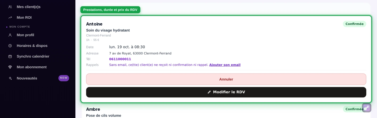 Gros plan sur la carte du RDV : prestation, durée, prix, date et adresse à recopier sur la facture