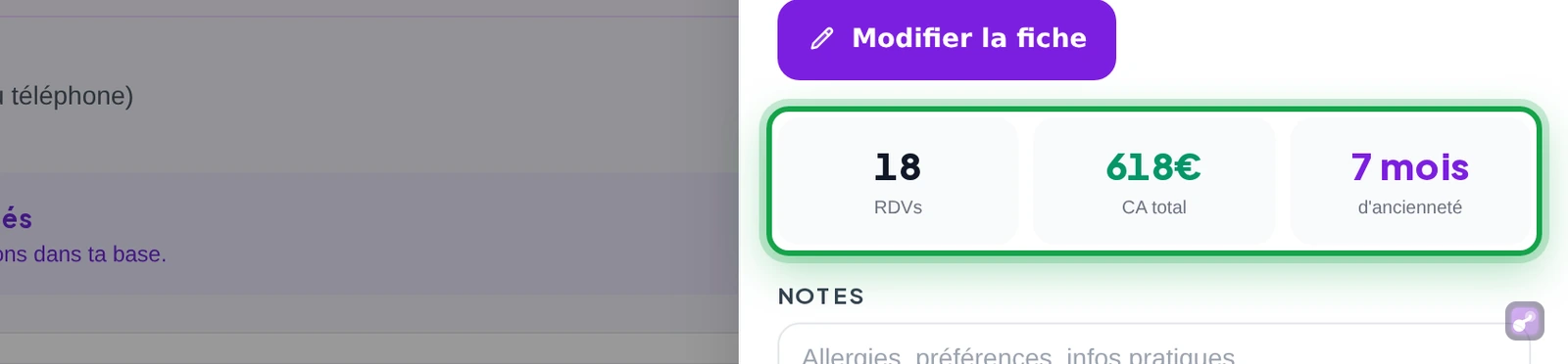 Gros plan sur les trois compteurs de la fiche : nombre de RDV, CA total et ancienneté