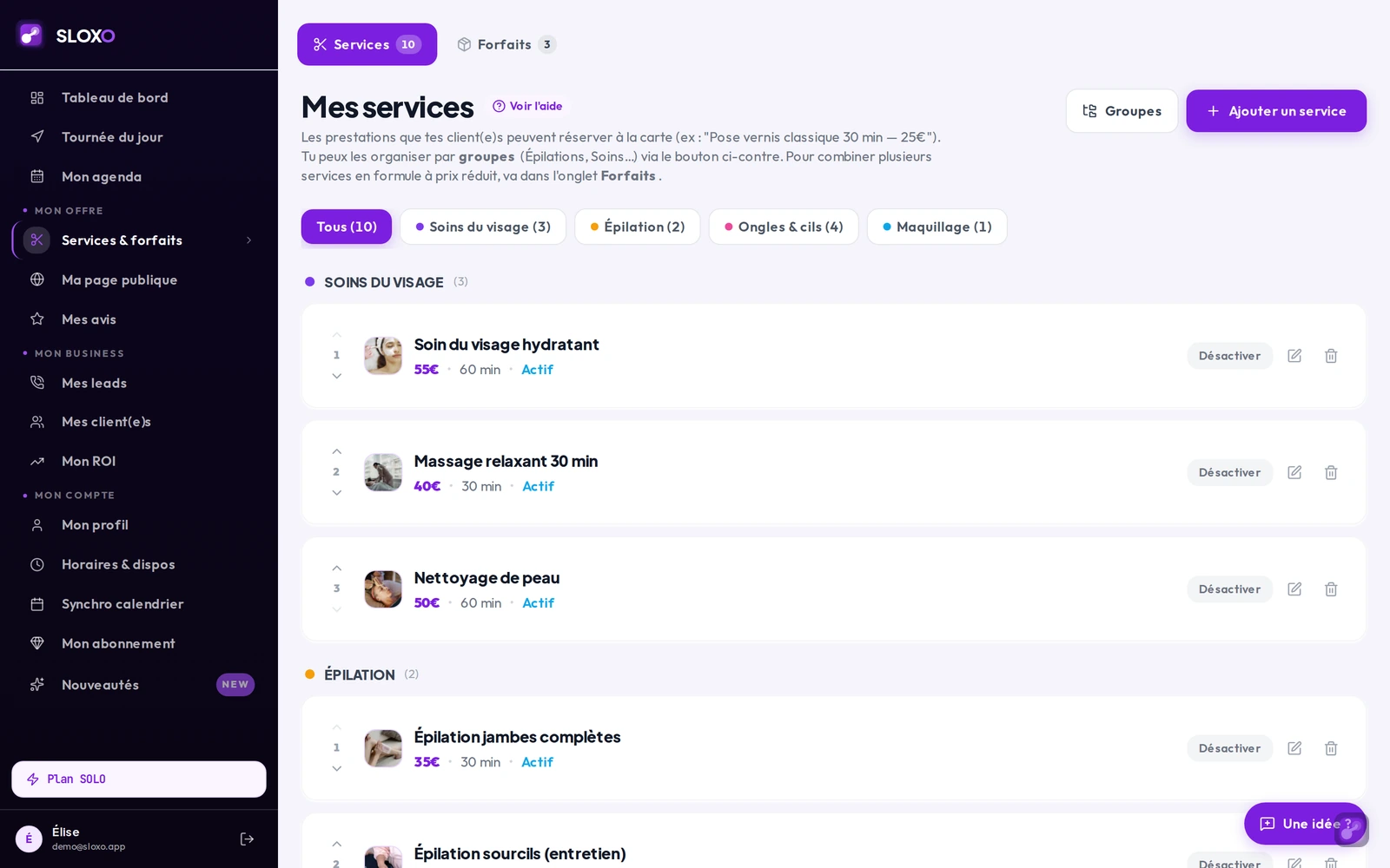 La page « Mes services » avec la liste des prestations, leurs prix, et le bouton « Ajouter un service » en haut à droite