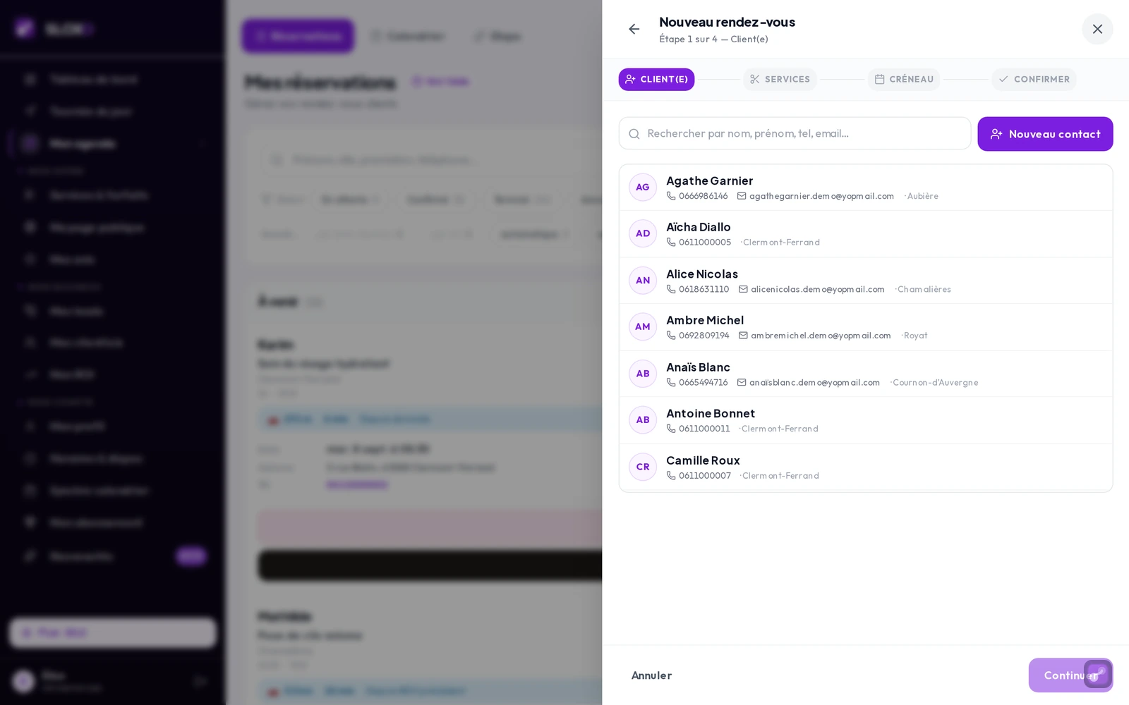 Le tunnel « Nouveau rendez-vous » à l'étape Client(e) : la recherche, la liste des fiches et le bouton « Nouveau contact »