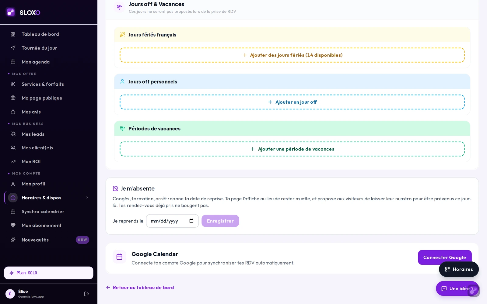 La section « Jours off personnels » avec le bouton « + Ajouter un jour off »