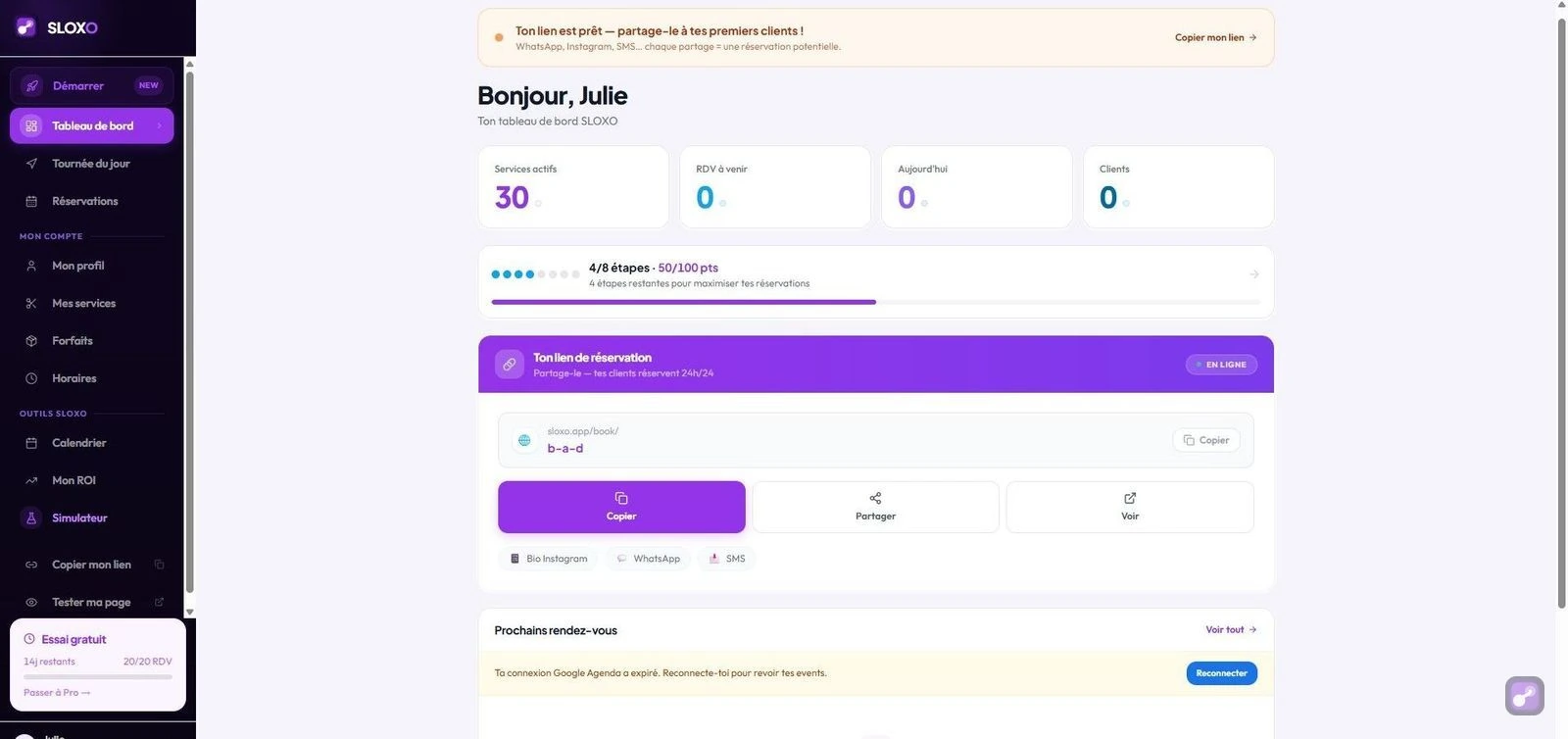 Tableau de bord SLOXO au premier accès — Bonjour, stats services, lien de réservation et prochains RDV
