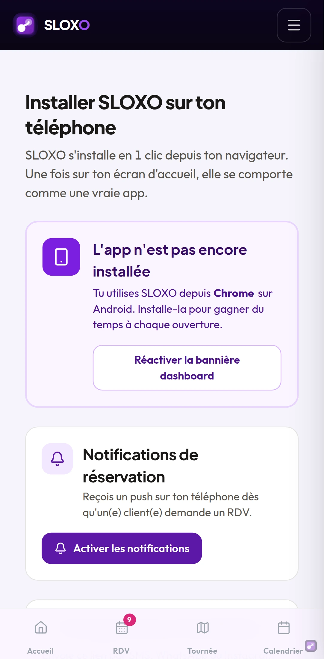 La page d'installation sur téléphone : les étapes pour ajouter SLOXO à l'écran d'accueil