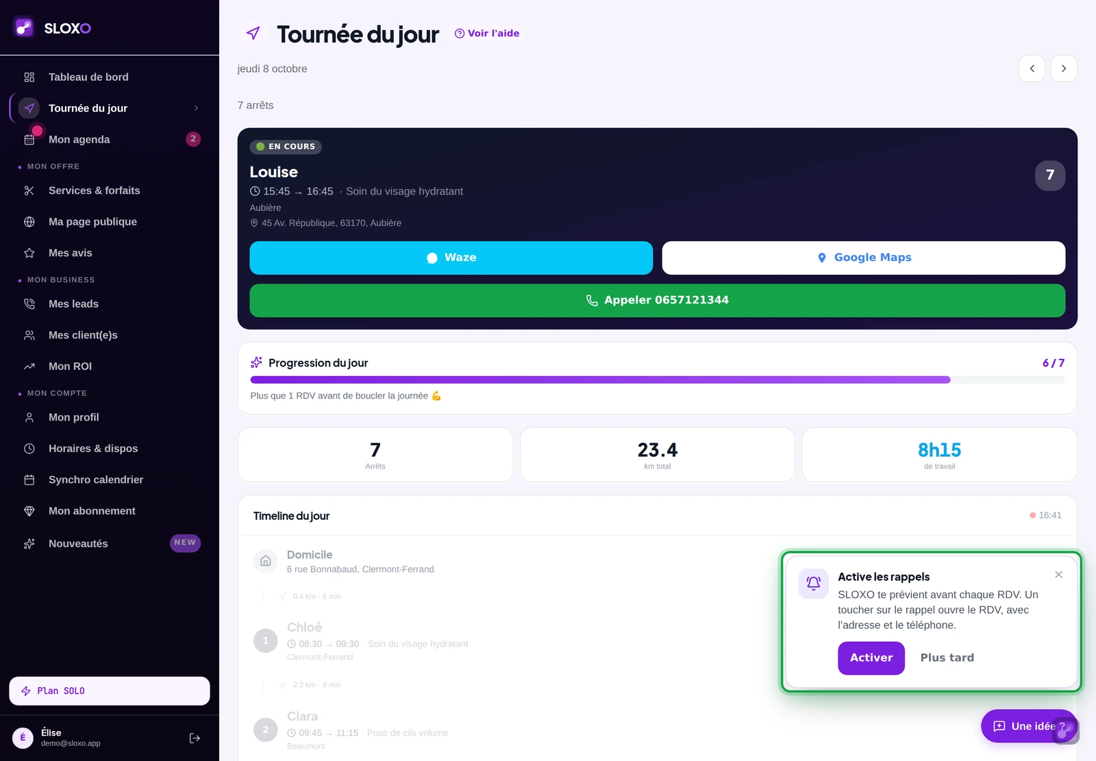 La Tournée sur ordinateur avec la carte Active les rappels encadrée, et ses boutons Activer et Plus tard