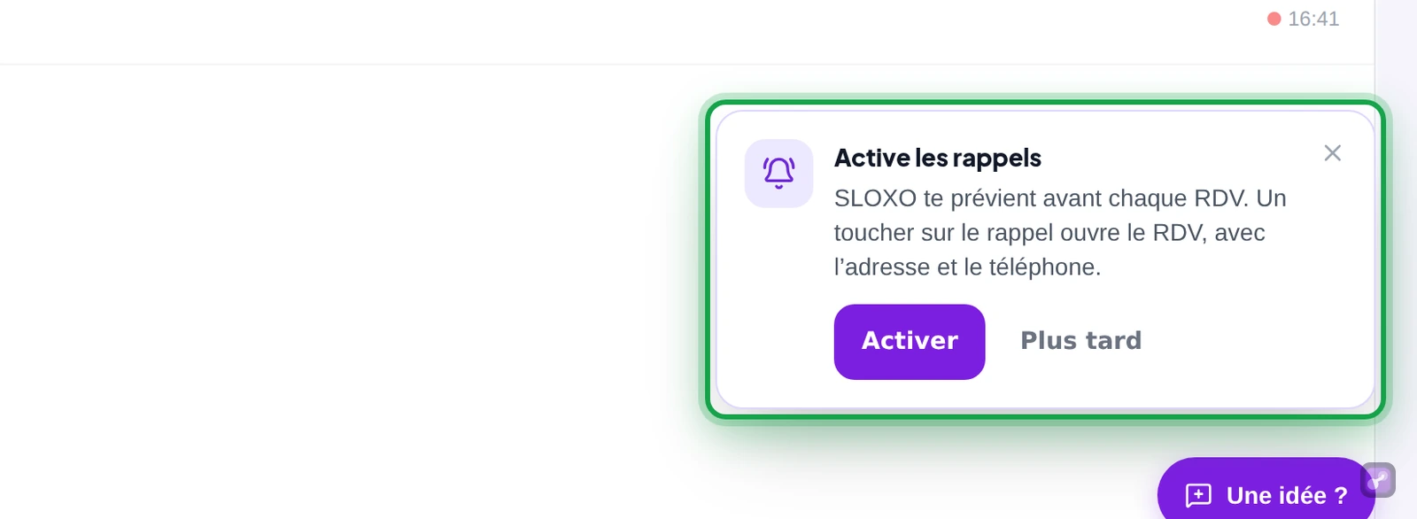 Gros plan sur la carte Active les rappels