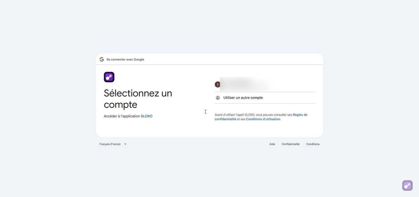 Sélection du compte Google pour se connecter à SLOXO