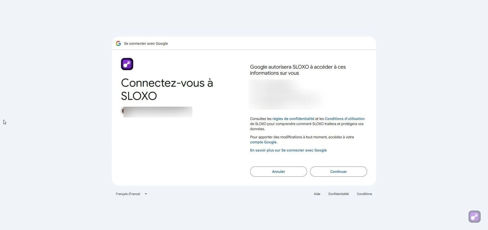 Écran d'autorisation Google : SLOXO demande accès au nom et à l'email uniquement, pas d'accès Gmail ni Calendar à ce stade
