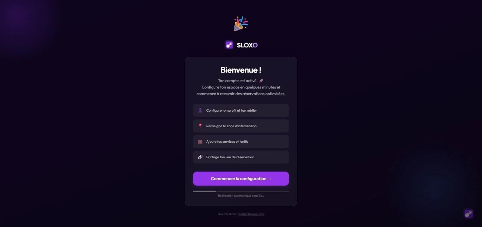Page de bienvenue SLOXO après authentification Google