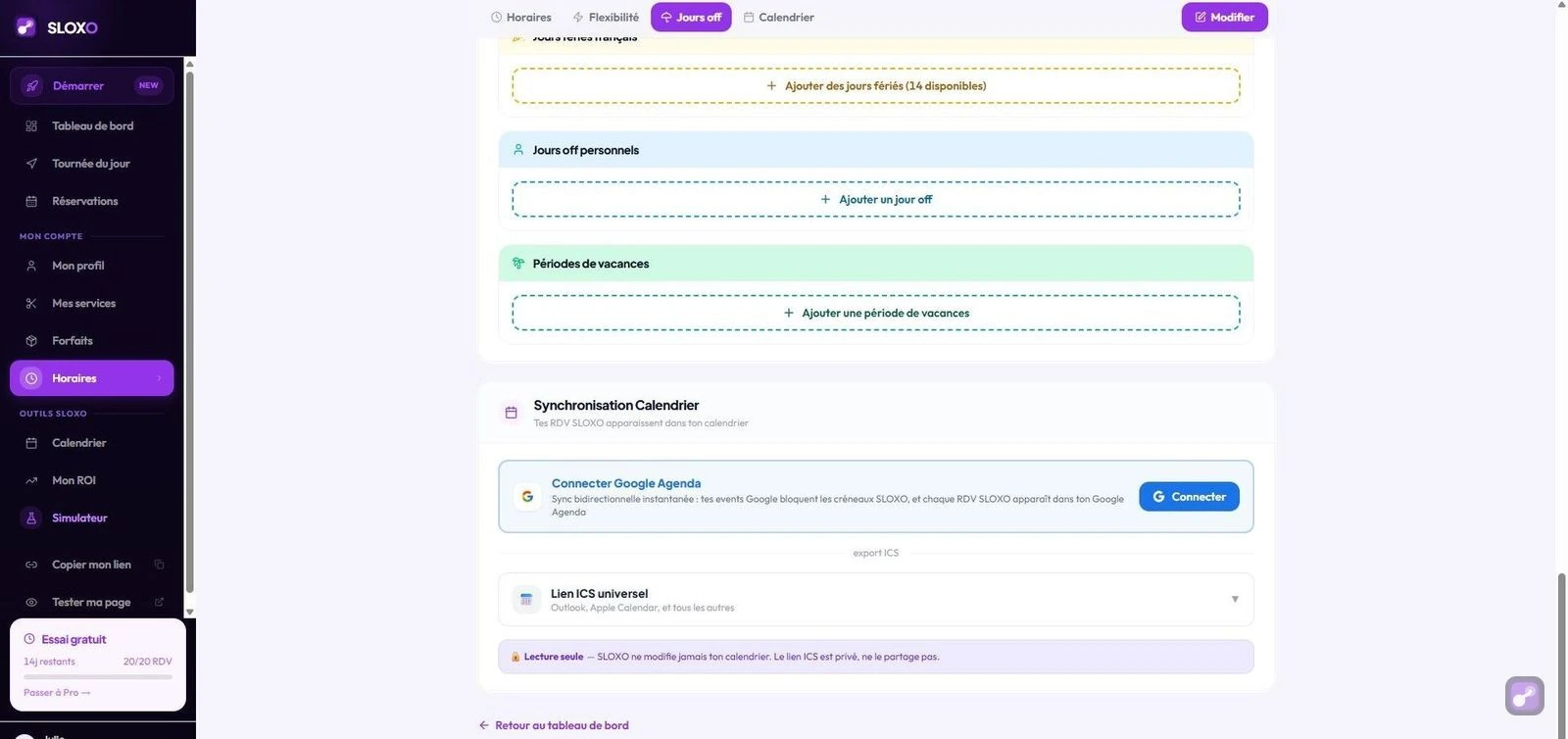 Page Horaires SLOXO avec la section Synchronisation Calendrier et le bouton Connecter Google Agenda