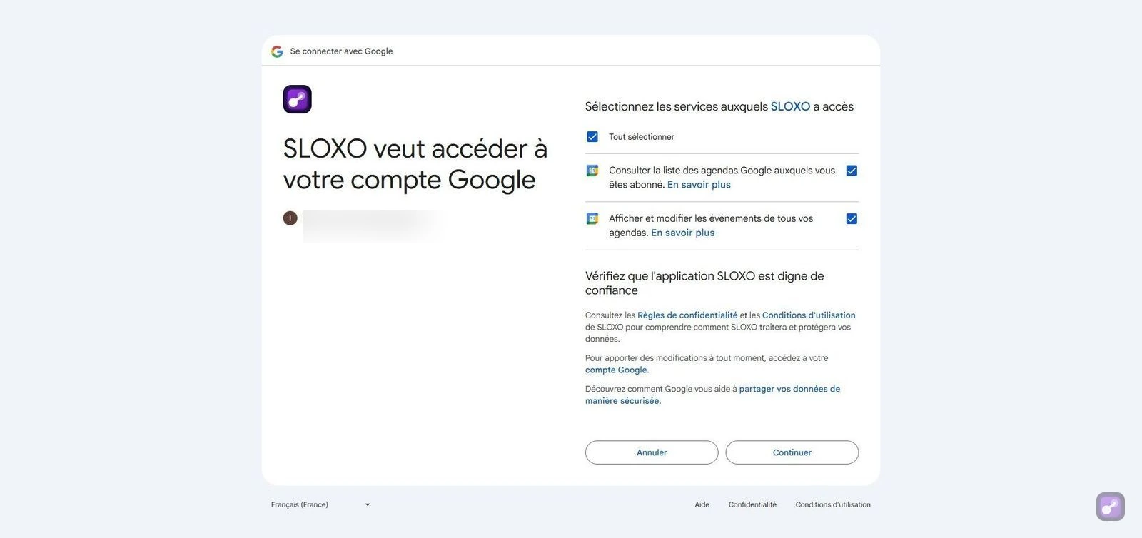Écran d'autorisation Google pour Calendar : 2 permissions à cocher pour activer la synchronisation