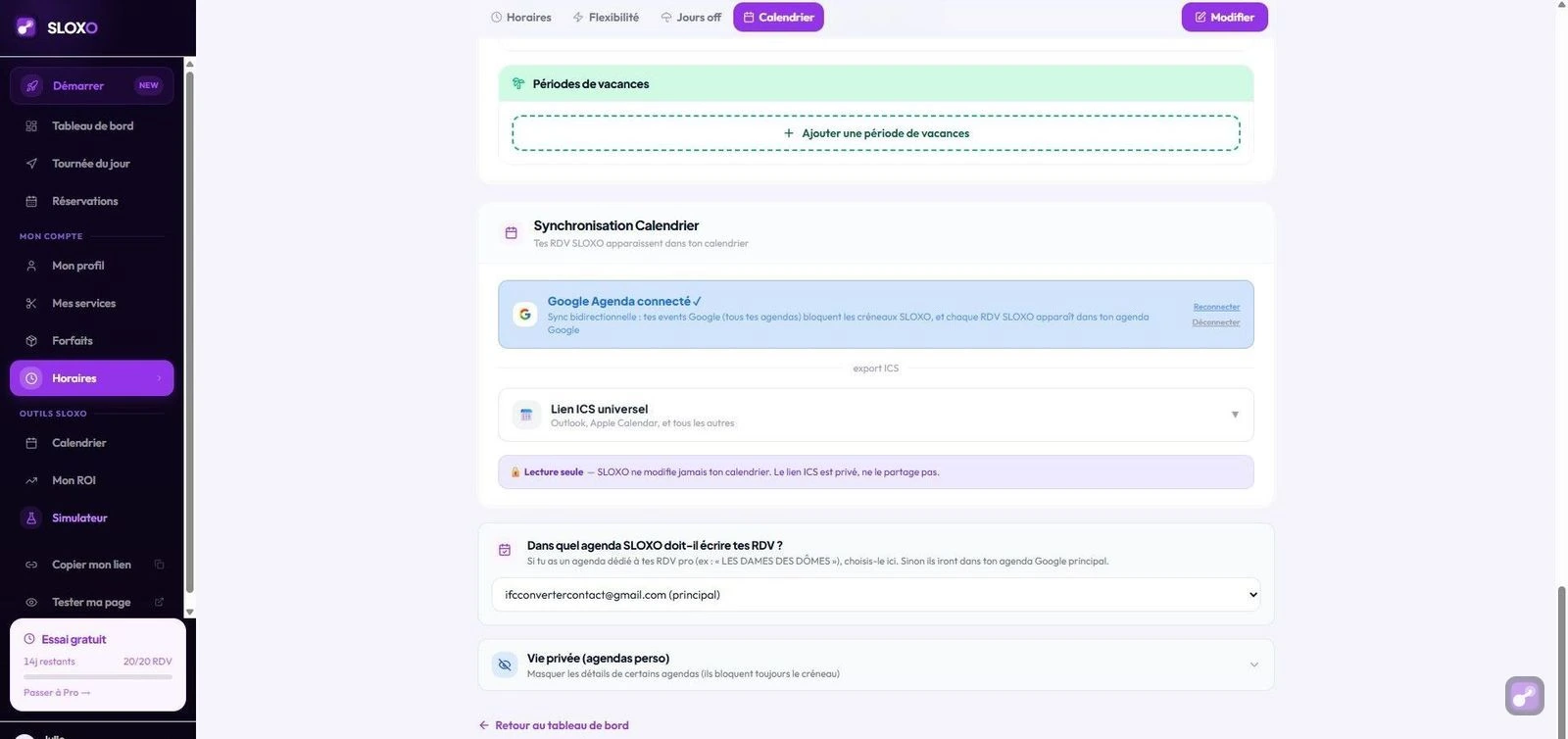 Page Horaires SLOXO avec Google Agenda connecté et choix de l'agenda d'écriture