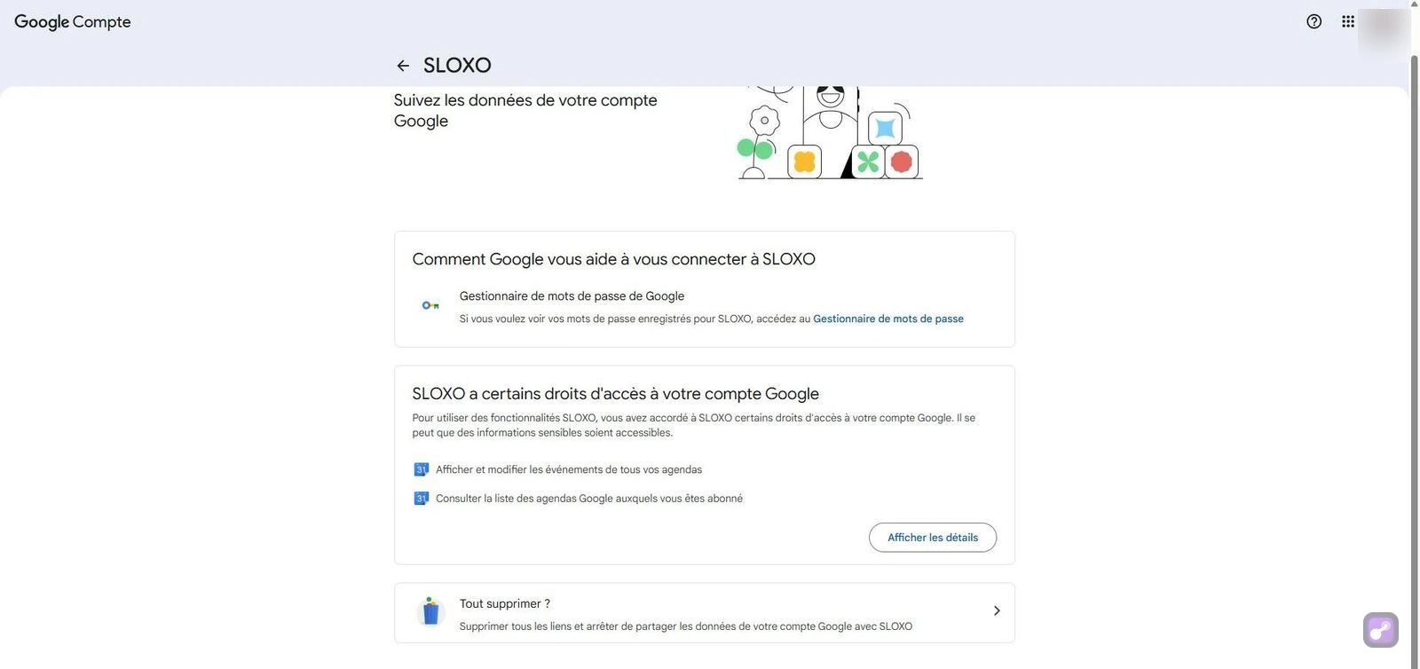 Page Google Mon compte montrant SLOXO et les permissions Calendar accordées, avec l'option Tout supprimer pour révoquer l'accès