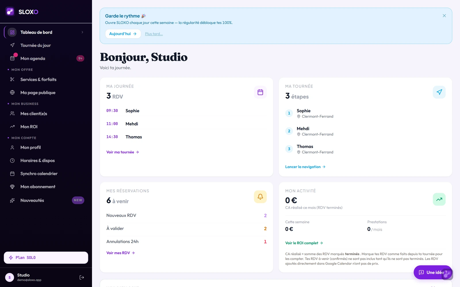 Le tableau de bord SLOXO : à gauche le menu en 4 zones, à droite l'accueil du jour (ta journée, ta tournée, tes réservations à venir, ton activité)