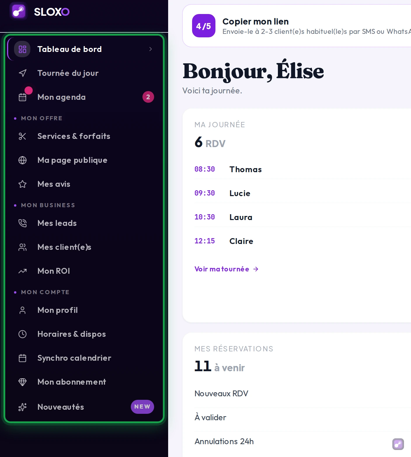 Gros plan sur le menu : les trois entrées du haut, puis les groupes Mon offre, Mon business et Mon compte