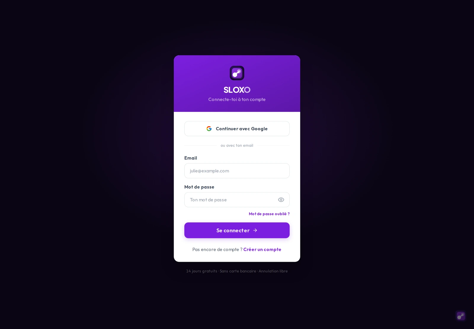 La page de connexion : bouton Continuer avec Google, champs email et mot de passe, lien mot de passe oublié et lien Créer un compte
