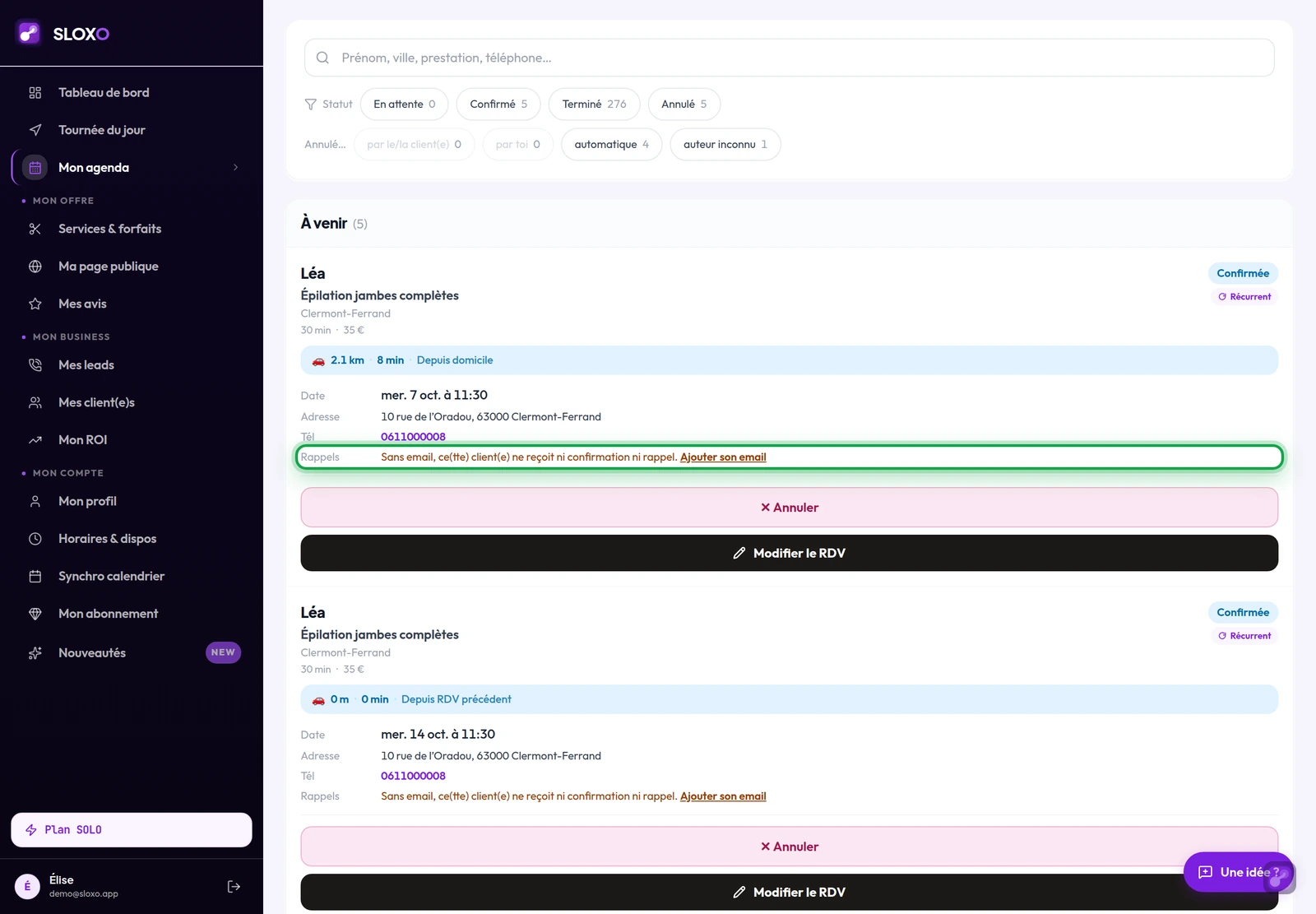 Réservations : la ligne « Rappels » d'un RDV sans email, avec le lien Ajouter son email