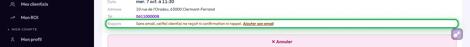 Réservations : la ligne « Rappels » d'un RDV sans email, avec le lien Ajouter son email, en gros plan