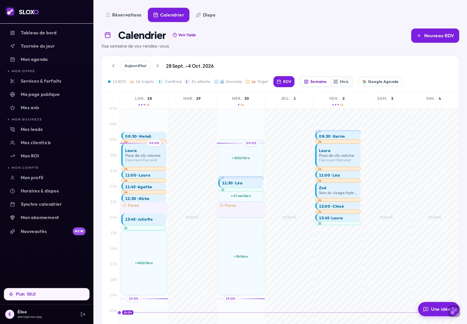 Calendrier semaine de SLOXO : 13 RDV et 16 trajets sur la semaine, trajets intercalés entre les RDV, créneaux libres chiffrés, bouton Google Agenda en haut à droite