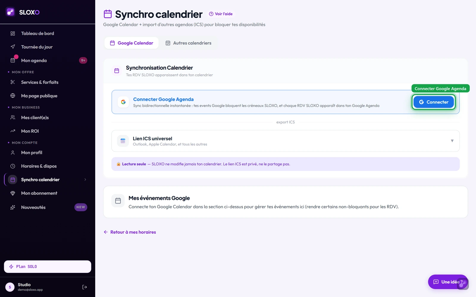 La carte « Connecter Google Agenda » avec son bouton Connecter, sur la page Synchro calendrier