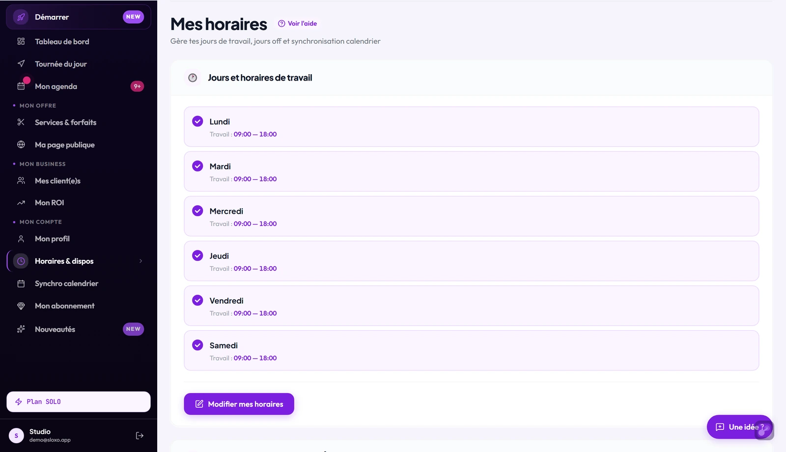 La page Horaires : une carte par jour avec les heures de travail, et le bouton Modifier mes horaires en bas