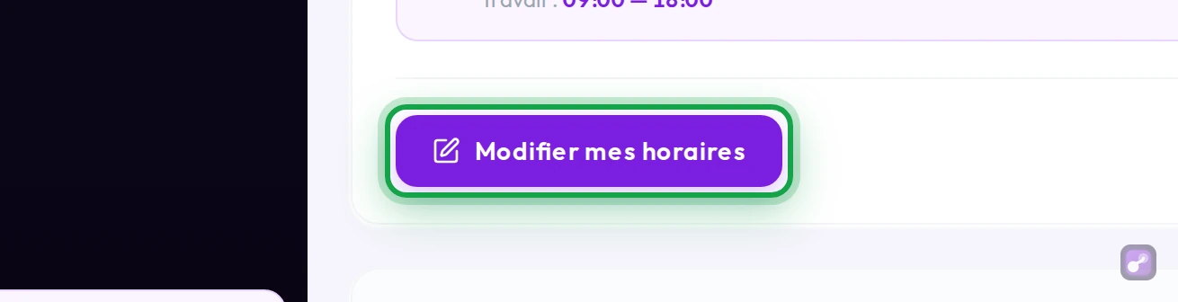 Gros plan sur le bouton « Modifier mes horaires », sous les cartes des sept jours