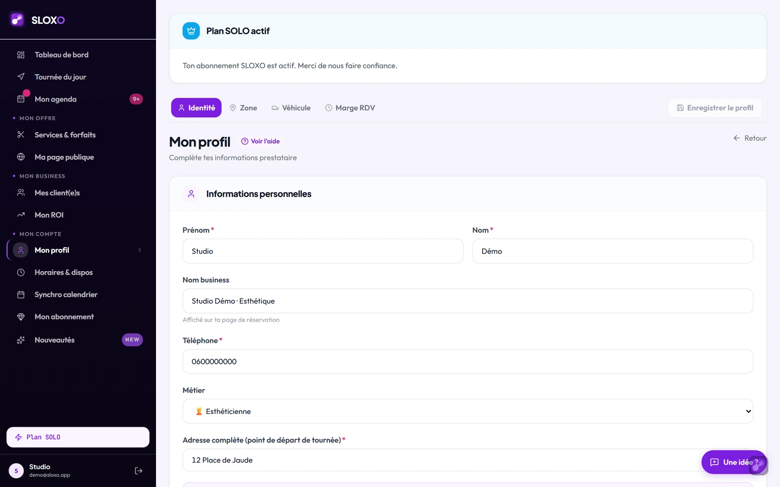 La section « Informations personnelles » de Mon profil : prénom, nom, nom business, téléphone, métier et adresse de départ de tournée
