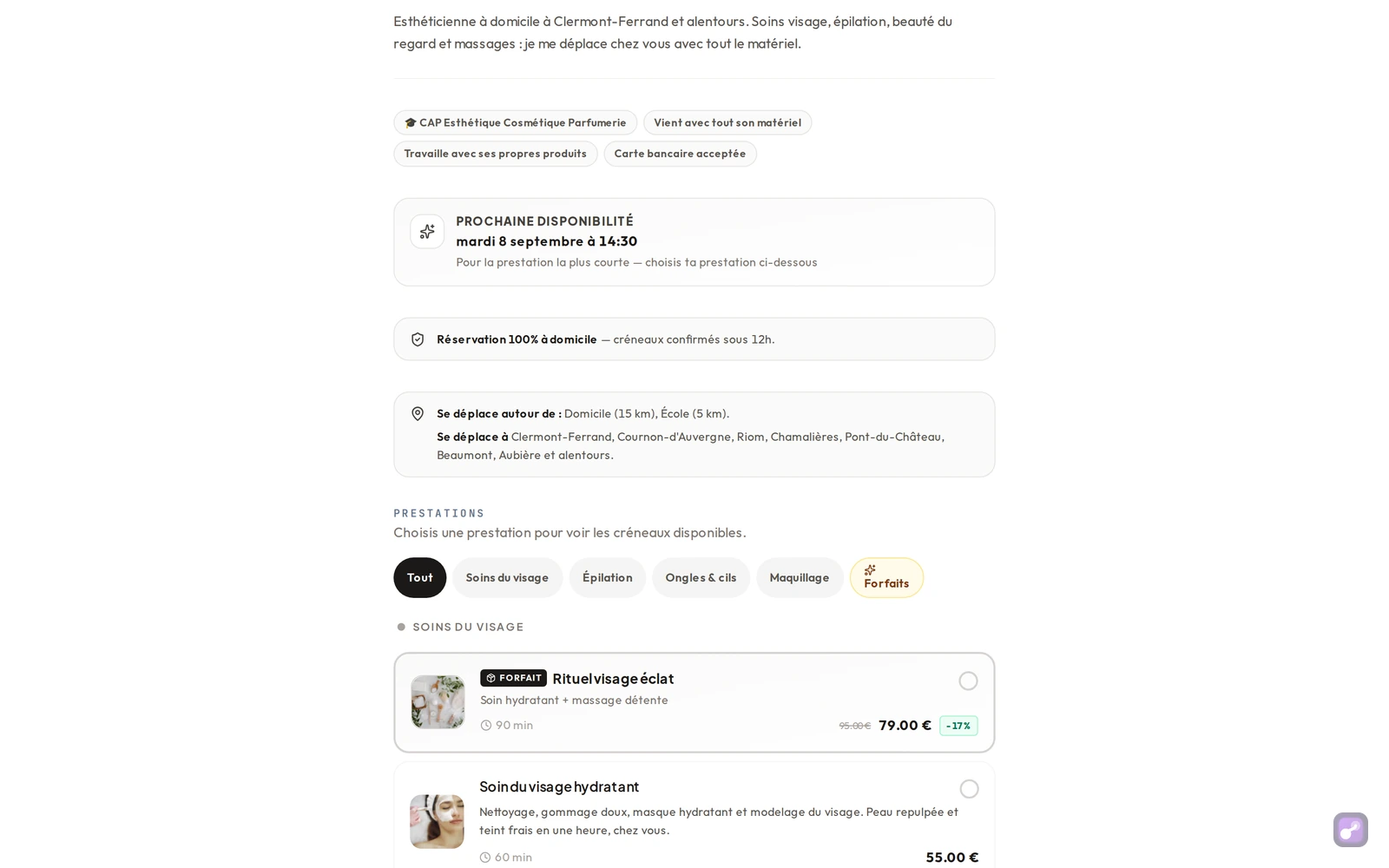 La page publique affiche les lieux et leur rayon, puis les communes desservies