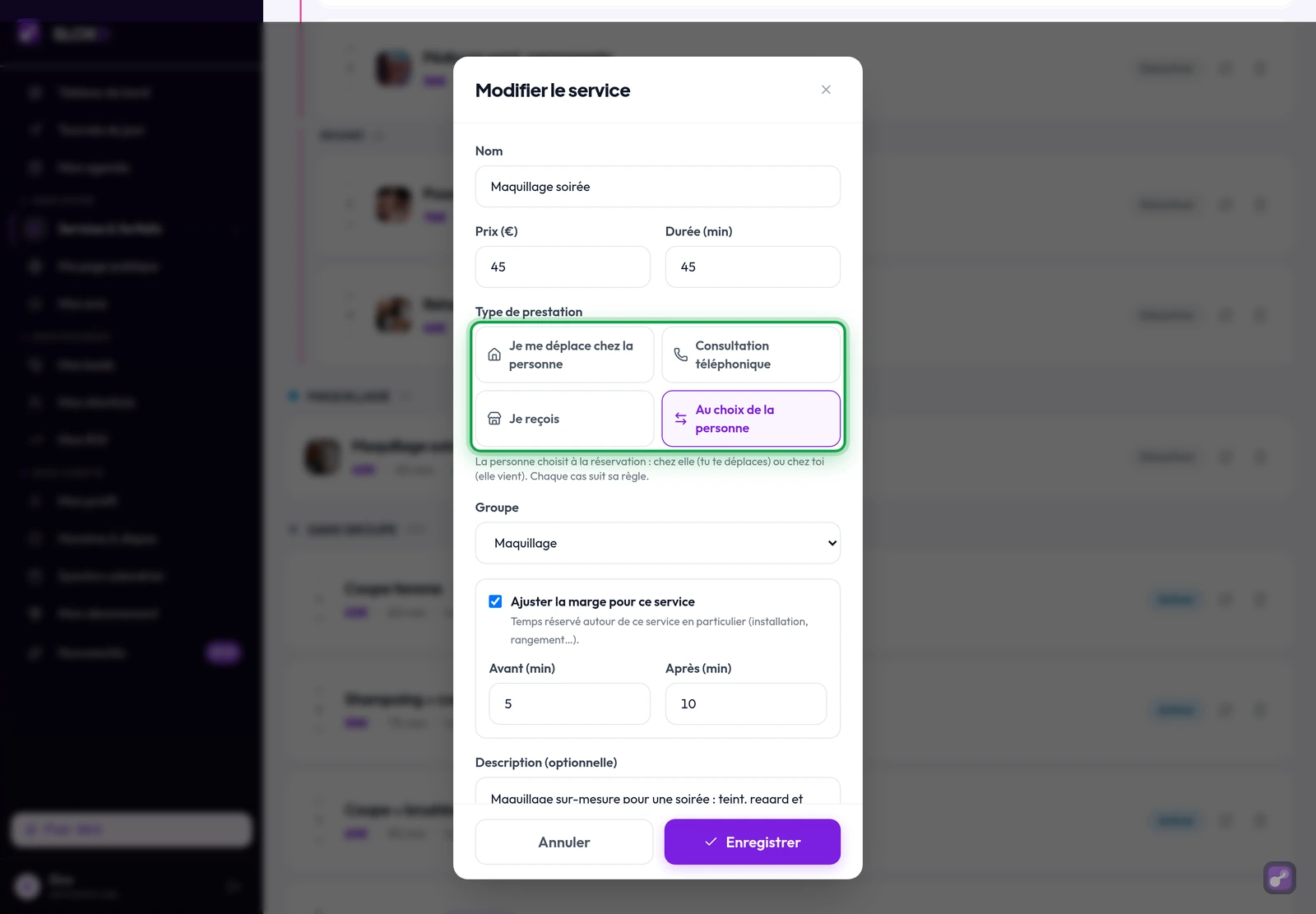 Modifier le service : le type de prestation avec ses quatre modes, « Au choix de la personne » sélectionné