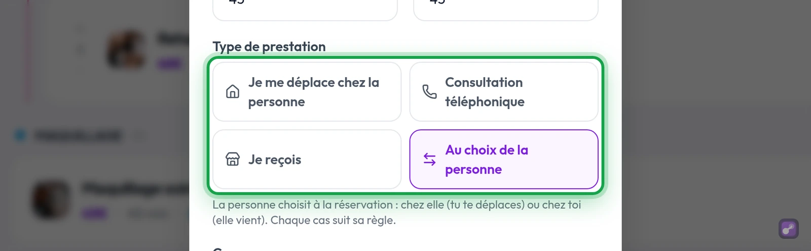 Modifier le service : le type de prestation avec ses quatre modes, « Au choix de la personne » sélectionné, en gros plan