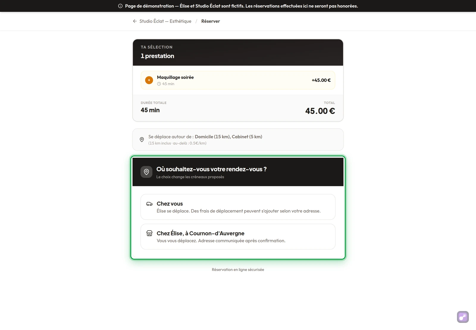 Page de réservation : « Où souhaitez-vous votre rendez-vous ? » avec « Chez vous » et « Chez Élise, à Cournon-d'Auvergne »
