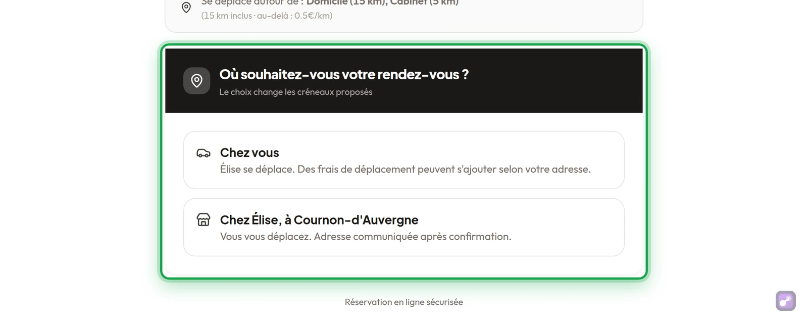 Page de réservation : « Où souhaitez-vous votre rendez-vous ? » avec « Chez vous » et « Chez Élise, à Cournon-d'Auvergne », en gros plan