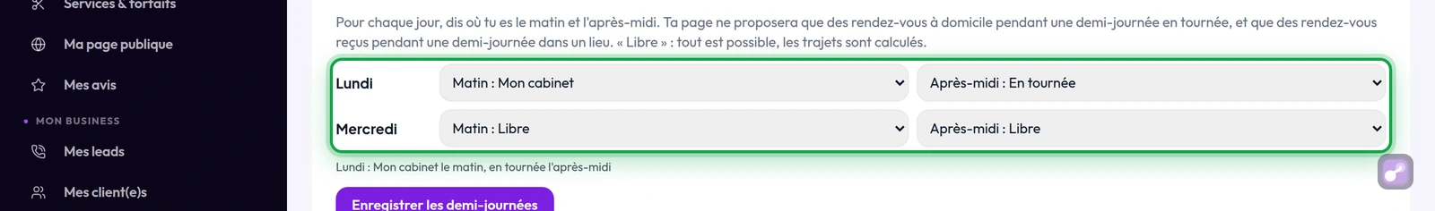 Disponibilités : le lundi matin au cabinet, l'après-midi en tournée, en gros plan