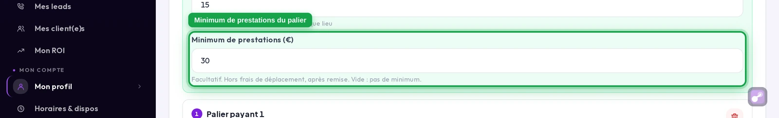 Le champ « Minimum de prestations (€) » et son explication, en gros plan