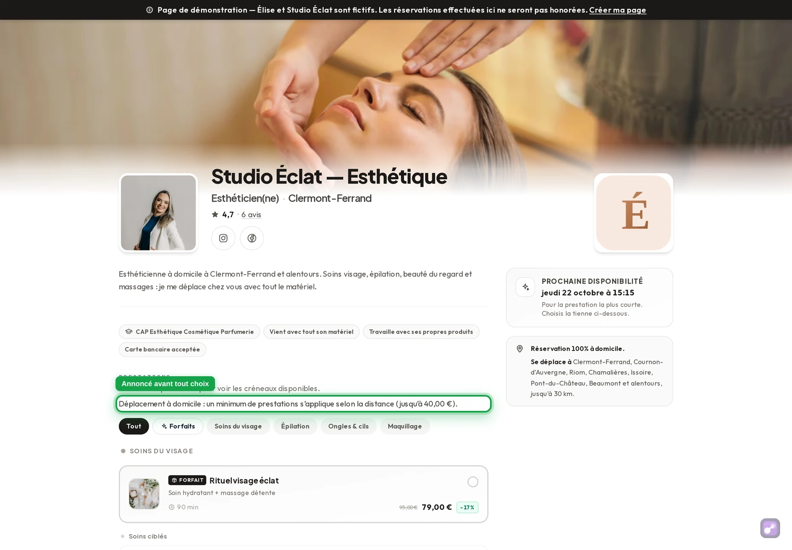 Page de réservation : « Déplacement à domicile : un minimum de prestations s'applique selon la distance (jusqu'à 40,00 €) »
